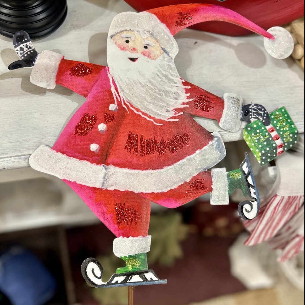 Santa Skating Holiday Decoration - Red and White Metal Stake